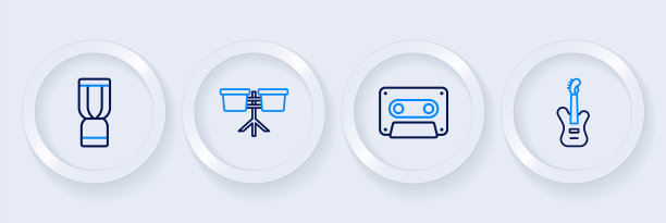 设置线电低音吉他，复古音频磁带，邦戈鼓和非洲djembe图标。向量图片下载