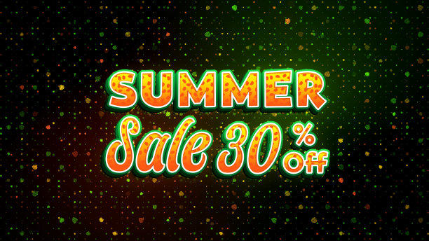 节日的绿色橙色夏季销售三成优惠在黑暗闪亮的热带夏季树叶形状颗粒闪闪发光的图案上刻字图片下载