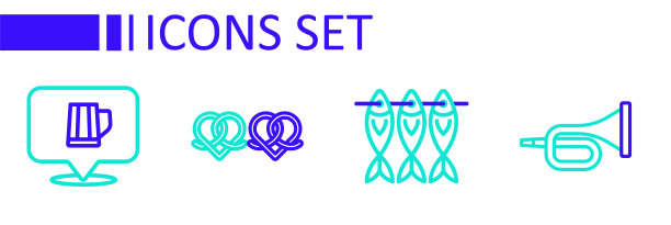 设置线喇叭，干鱼，椒盐脆饼和木制啤酒杯图标。向量图片下载