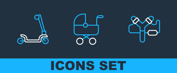 设置线弹弓，滑板车和婴儿推车图标。向量图片下载