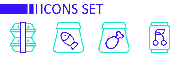 设置线汽水罐，在线订购餐，鱼和午餐盒图标。向量图片下载