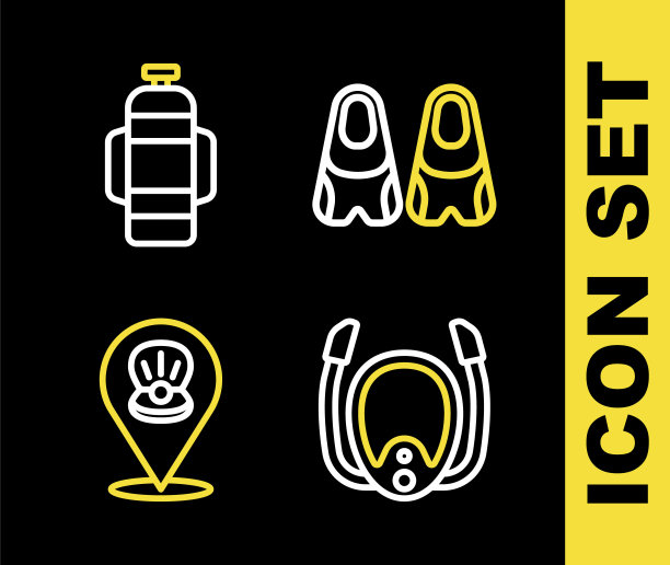 设置线鳍游泳，潜水面罩与通气管，扇贝海贝壳和aququalung图标。向量图片下载