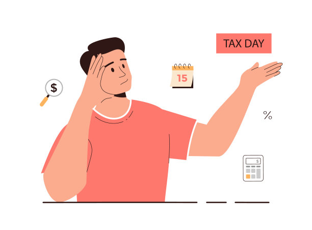 纳税日概念。政府税务，发票支付。数据分析，文书工作，财务研究，报告。男人为纳税而烦恼。卡通平面矢量插图。图片下载