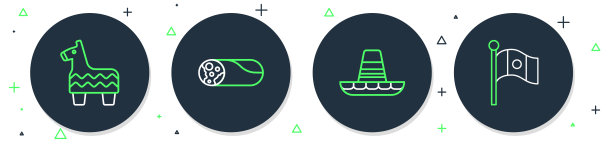 设置线卷饼，墨西哥宽边帽，皮纳塔和墨西哥国旗图标。向量图片下载