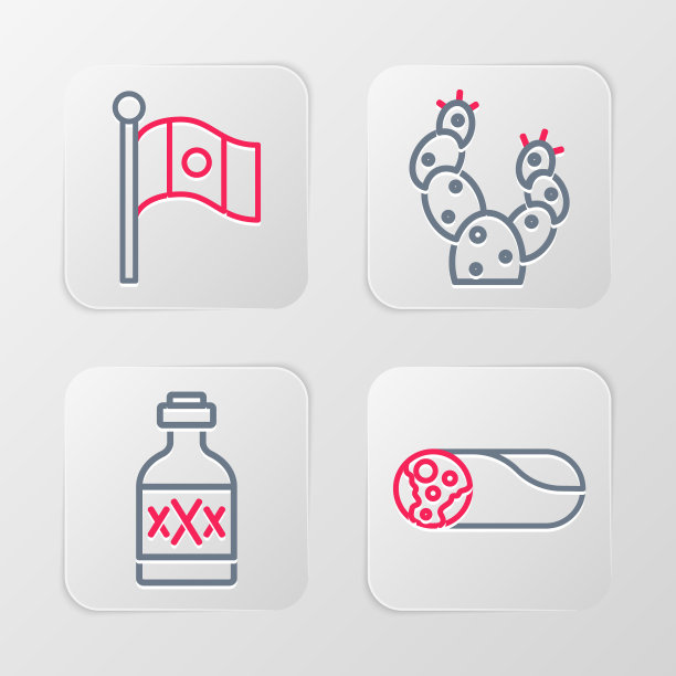 设置线卷饼，龙舌兰酒瓶，仙人掌和墨西哥国旗图标。向量图片下载