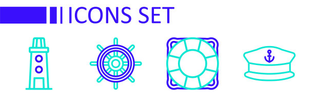 系好船长帽、救生圈、舵轮和灯塔标志。向量图片下载