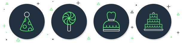 设置线棒棒糖，女人的衣服，聚会帽和蛋糕与燃烧的蜡烛图标。向量图片下载