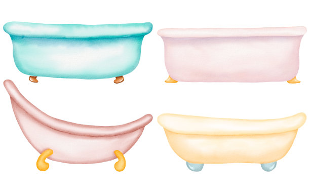 一套多色水彩浴，孤立插图。简单，舒适的设计。卡通风格图片下载