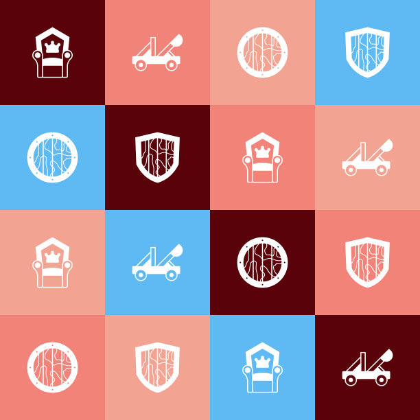 集波普艺术中世纪宝座，弹弓，圆形木盾和盾牌图标。向量图片下载