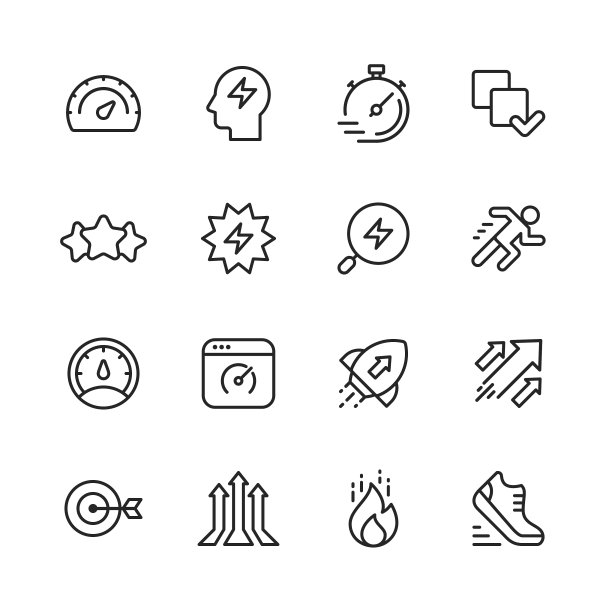 性能线图标。可编辑的中风。像素完美。移动和网络。包含诸如性能、增长、反馈、运行、速度计、权威、成功等图标。图片下载