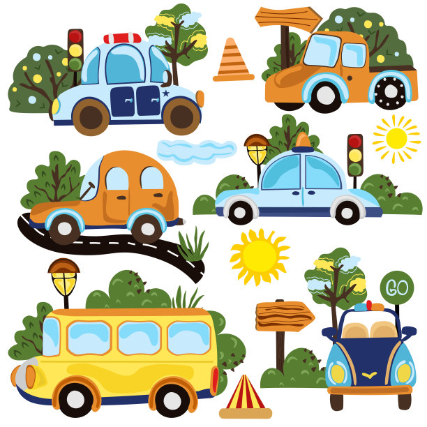 收集不同类型的道路运输，警车，公交车，敞篷车，道路，交通灯和树木等。卡通作品是明信片、剪贴簿、海报的理想选择。向量。图片下载