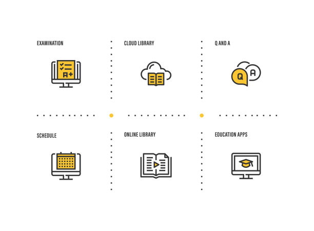 信息图表设计模板。考试，云图书馆，问答，时间表，在线图书馆，教育应用程序的6个选项或步骤图标。图片下载