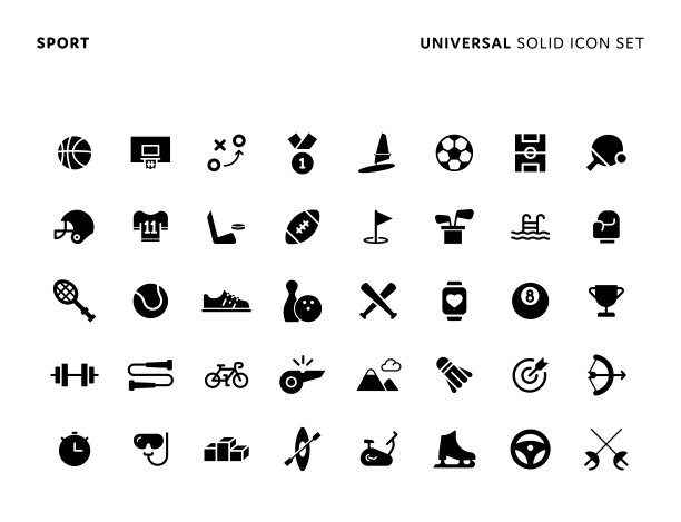 通用运动固体图标集。图标适用于网页，手机应用，UI, UX和GUI设计。图片下载