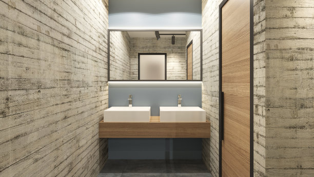 咖啡厅/餐厅的厕所。室内设计。计算机生成的图像。建筑可视化。3D渲染。图片下载