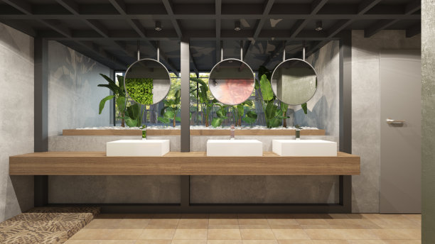 咖啡厅/餐厅的厕所。室内设计。计算机生成的图像。建筑可视化。3D渲染。图片下载