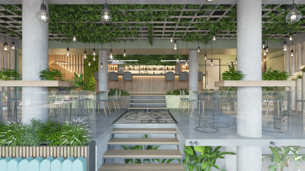 咖啡馆/餐厅。室内设计。计算机生成的图像。建筑可视化。3D渲染。图片下载