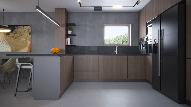 室内设计。体系结构。电脑生成的厨房图像。建筑可视化。3D渲染。图片下载