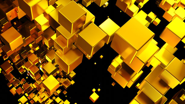 抽象的背景三维，许多金色立方体与霓虹灯金色发光在黑色图片下载