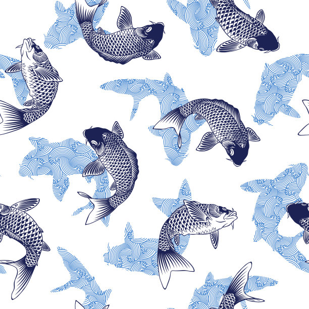 日式鲤鱼和海浪无缝图案图片下载