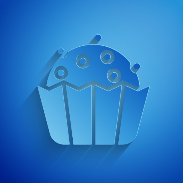 剪纸纸杯蛋糕图标孤立在蓝色背景。纸艺术风格。向量图片下载