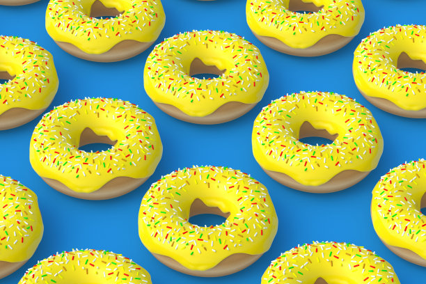 蓝色背景的甜甜圈图案。自制的面包店。休息时间。甜的甜点。快餐。三维渲染图片下载