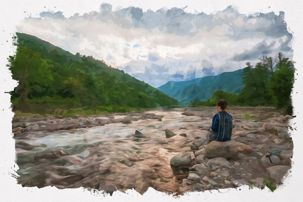 徒步旅行的女孩独自坐着，看着河流和山脉。水彩插图。自由与冒险概念图片下载