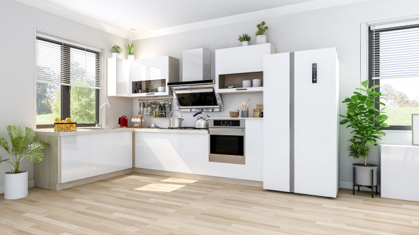 白色现代现代时尚的厨房室内，3D渲染图片下载
