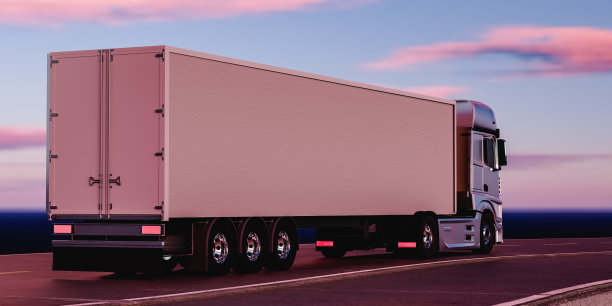 3D当代白色卡车行驶在高速公路上的日落图片下载
