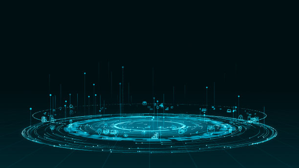 蓝色数字粒子环圈旋转与ai技术图标在未来的抽象背景生成连接概念图片下载