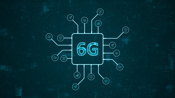 蓝色数字6G标志和未来HUD技术电路板，技术图标和数据传输在抽象背景上生成连接概念图片下载