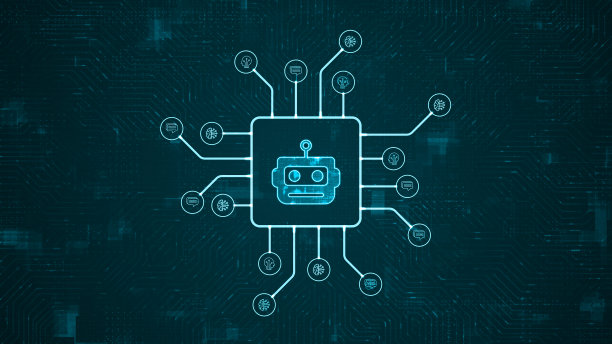 蓝色数字机器人头部标志和未来主义HUD技术电路板与图标和数据传输在抽象背景与人工智能聊天机器人和机器学习技术的概念图片下载
