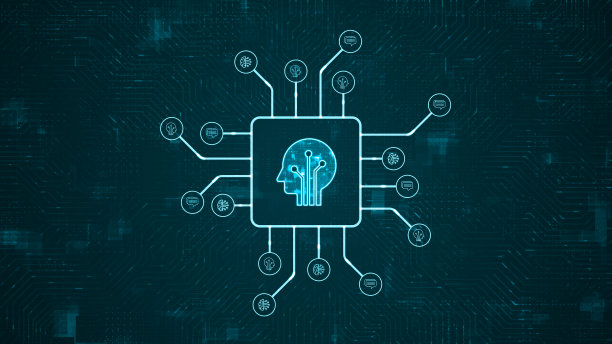 蓝色数字机器人头部标志和未来主义HUD技术电路板与图标和数据传输在抽象背景与人工智能聊天机器人和机器学习技术的概念图片下载