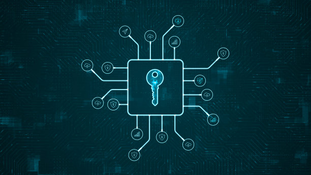 蓝色数字安全关键标志和未来的HUD技术电路板与技术图标和数据传输抽象的背景网络防火墙技术和数据安全的概念图片下载
