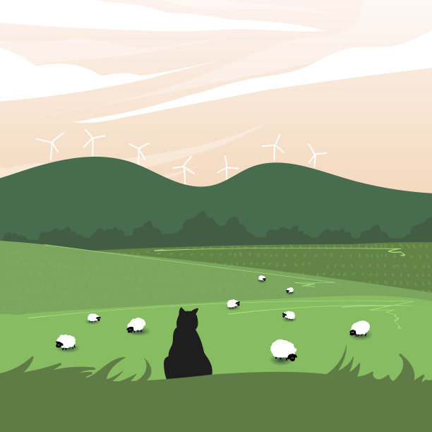 背景是一只猫坐在山上的风景。矢量插图。图片下载