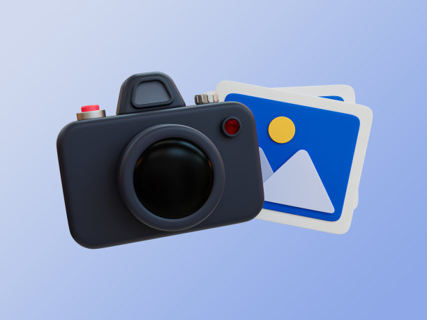 3d最小照片拍摄概念。黑色相机与照片画廊图标。3 d演示。图片下载