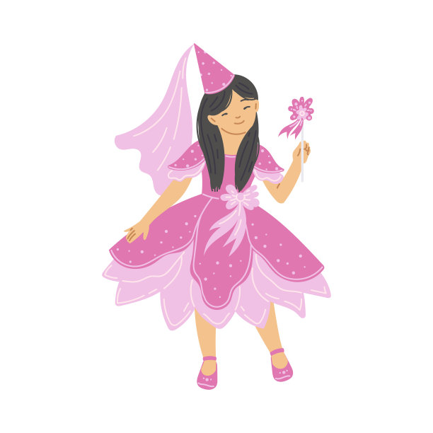 公主在粉红色的礼服与帽子和面纱，浪漫的仙女与魔棒，多民族公主矢量收集图片下载