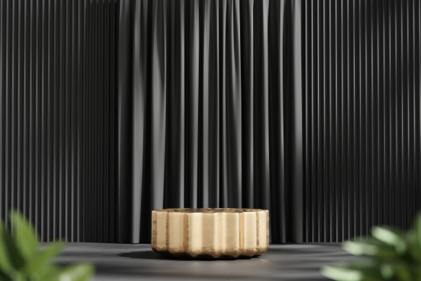 3D渲染平台金色讲台与植物和黑色窗帘产品演示背景图片下载