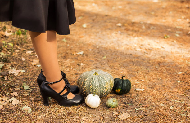 女性脚的剪裁照片，穿着复古的黑色皮鞋，系着蝴蝶结，站在由干树叶和草组成的淹没小径上，旁边是五颜六色的南瓜图片下载