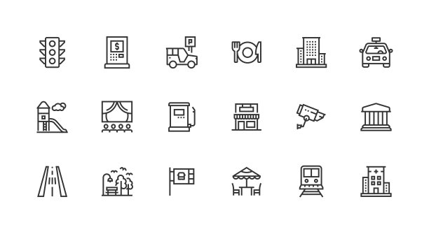 城市元素，公共公园，商店，咖啡馆，医院，电影院大厅图标图片下载