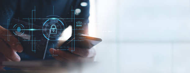 虚拟银行安全系统，数字银行，网络安全概念。男子使用智能手机通过手机应用程序和数字挂锁进行网上银行，个人数据保护，安全网络图片下载