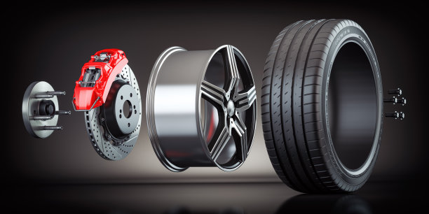 汽车车轮结构。轮胎，轮辋，带卡钳的盘式制动器。图片下载