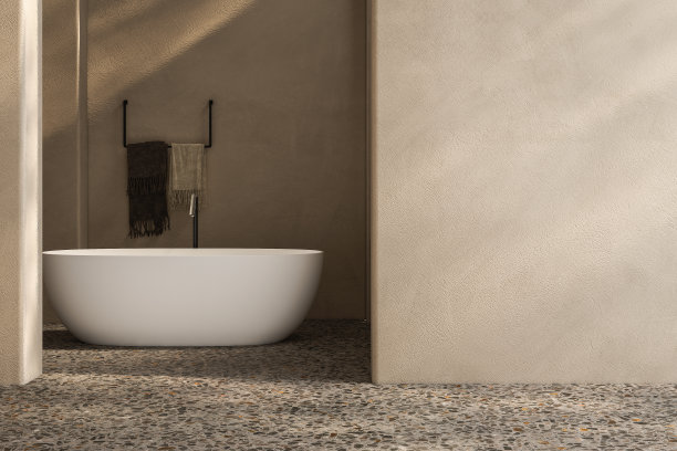 米色浴室内饰，木制梳妆台，浴缸，水磨石地板图片下载