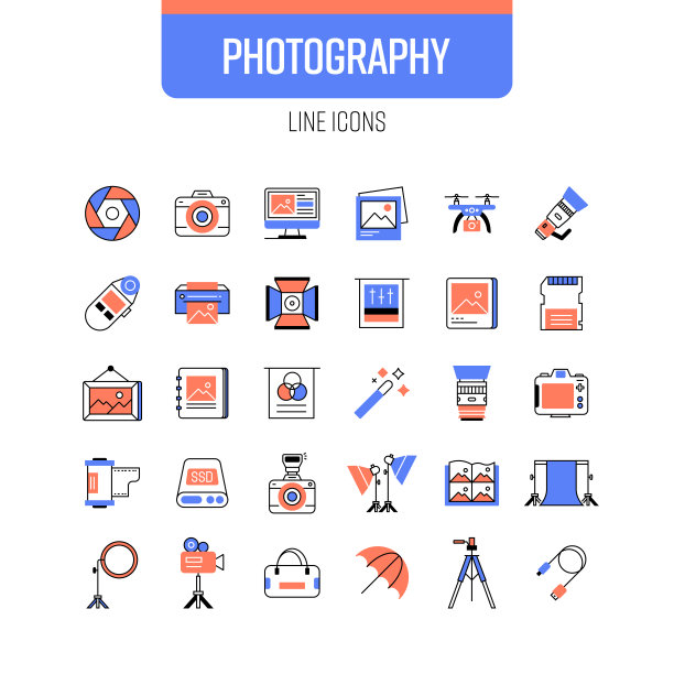 摄影线图标集。相机，工作室，镜头，背景，修饰。图片下载