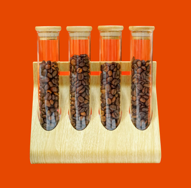 在木盖玻璃管中焙烤棕色咖啡豆进行气味测试，在木托上进行咖啡豆的香气测试，咖啡体外实验室测试，咖啡豆类型实验内容图片下载