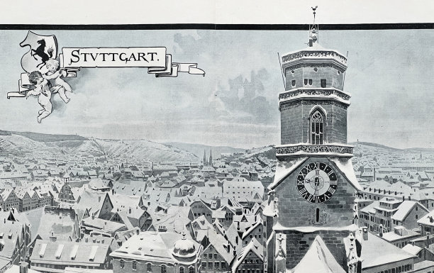 在雪地里俯瞰斯图加特的白色屋顶，前方是Stiftskirche塔楼图片下载