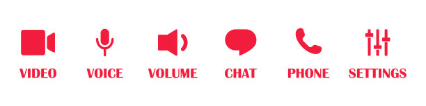 视频通话面板按钮。视频、语音或麦克风、音量、聊天、电话或通话、设置按钮图标。矢量图标集。图片下载