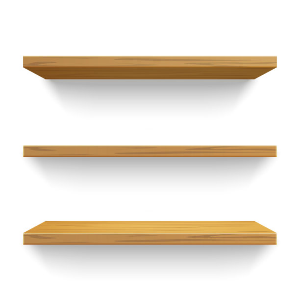 三个白色背景的木架子。矢量现实桌面床单，厨房家具的天然材料透视保护图片下载