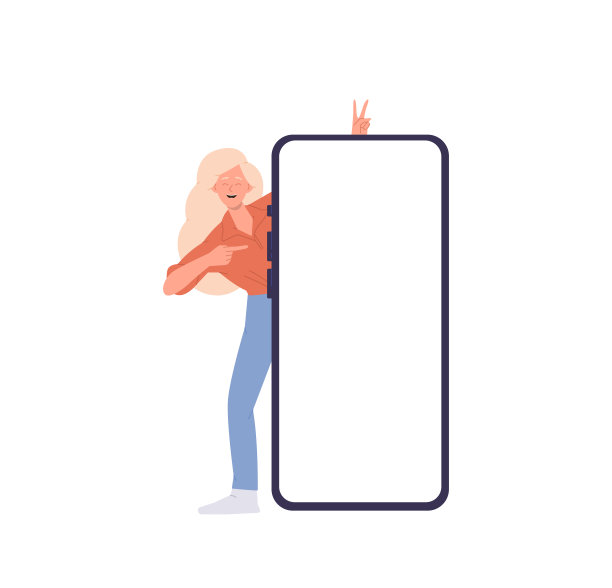 快乐的、情绪化的时髦女人从智能手机后面探出头来，指着空白的白色显示屏图片下载