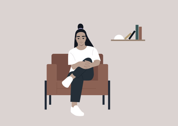 一个年轻的亚洲角色坐在皮革扶手椅上，双手托着膝盖，摆出轻松自信的姿势图片下载