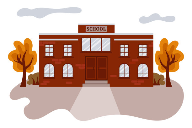 有树和灌木的学校大楼。城市景观，房屋立面，门窗。图片下载